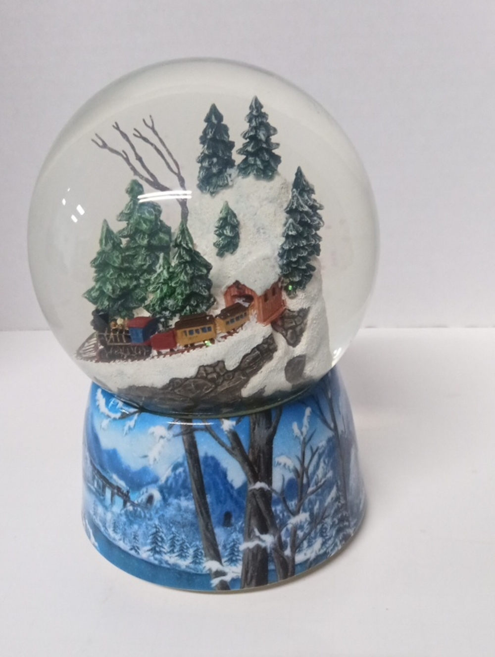 Winter Train Snow Globe - Blue and Green Decorative Home Art